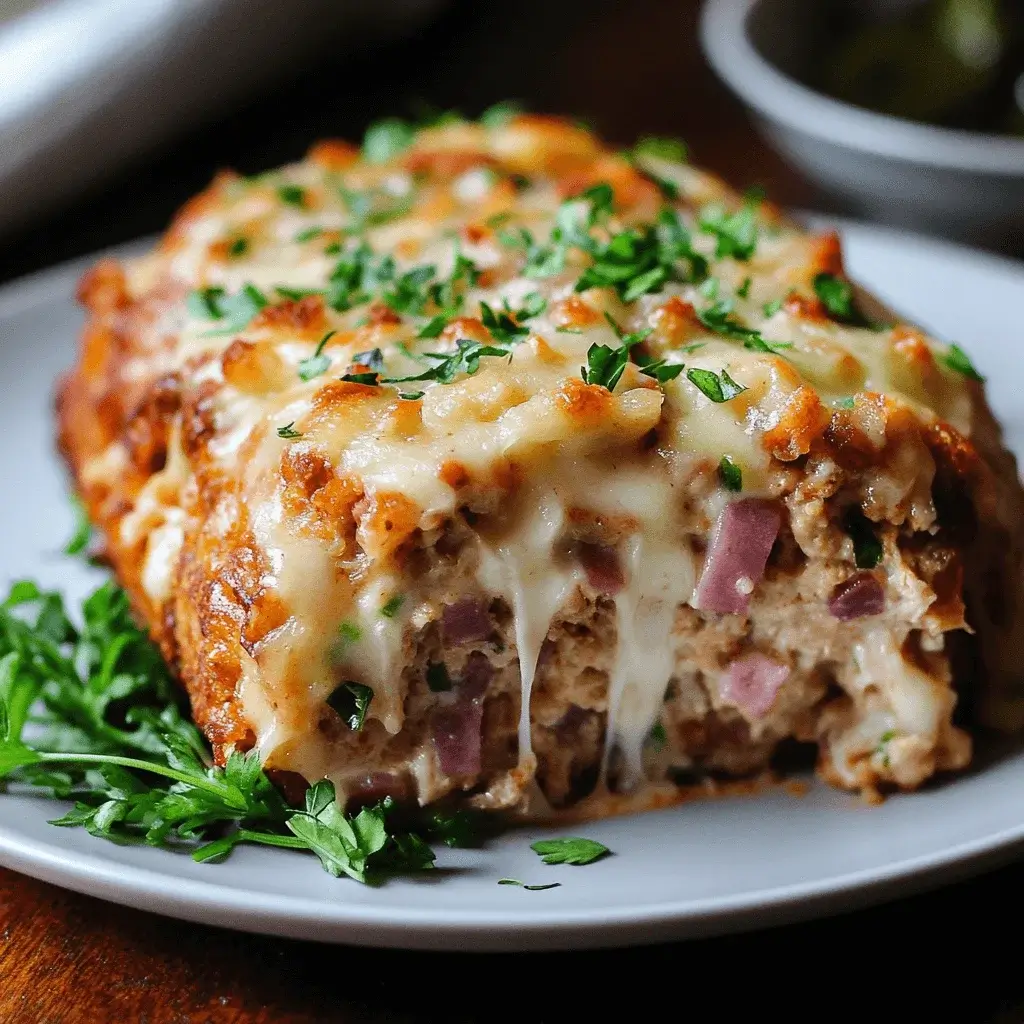 Golden brown chicken cordon bleu meatloaf sliced with melted cheese and ham layers.