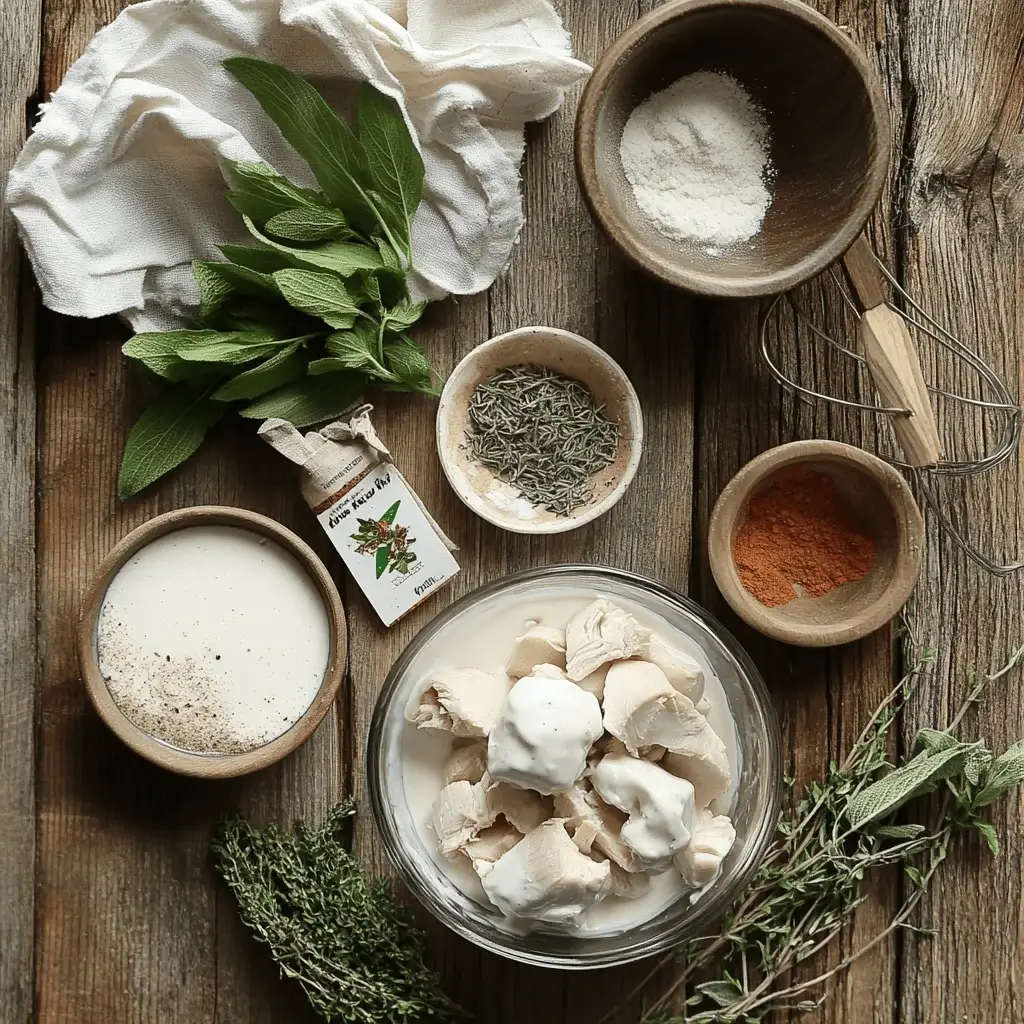 Ingredients for chicken ice cream, including cream, chicken, and spices, displayed on a wooden kitchen counter.