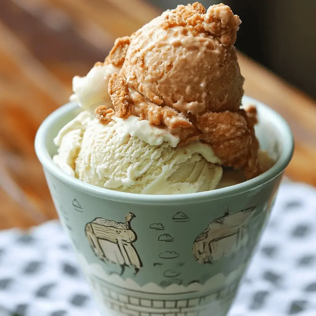 A food critic sampling chicken ice cream with a thoughtful expression, seated at an elegant dining table.