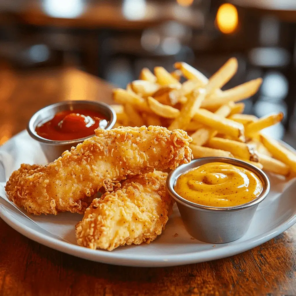 A plate of crispy chicken tenders and golden fries with dipping sauces.