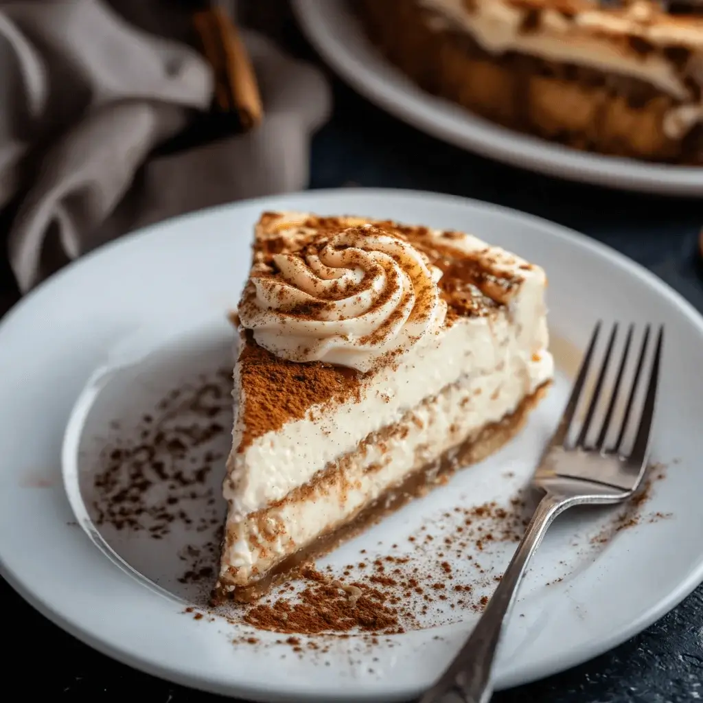 A single slice of cinnamon roll cheesecake served on a white plate.