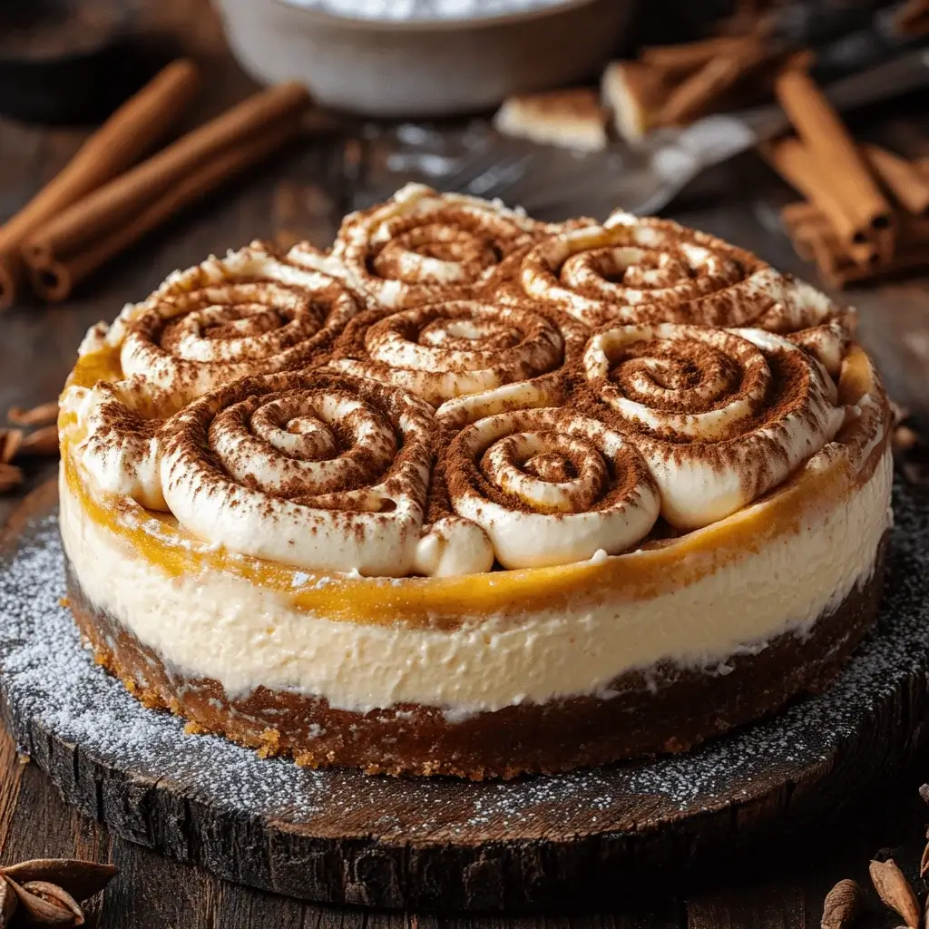 A beautifully presented cinnamon roll cheesecake on a rustic wooden table.