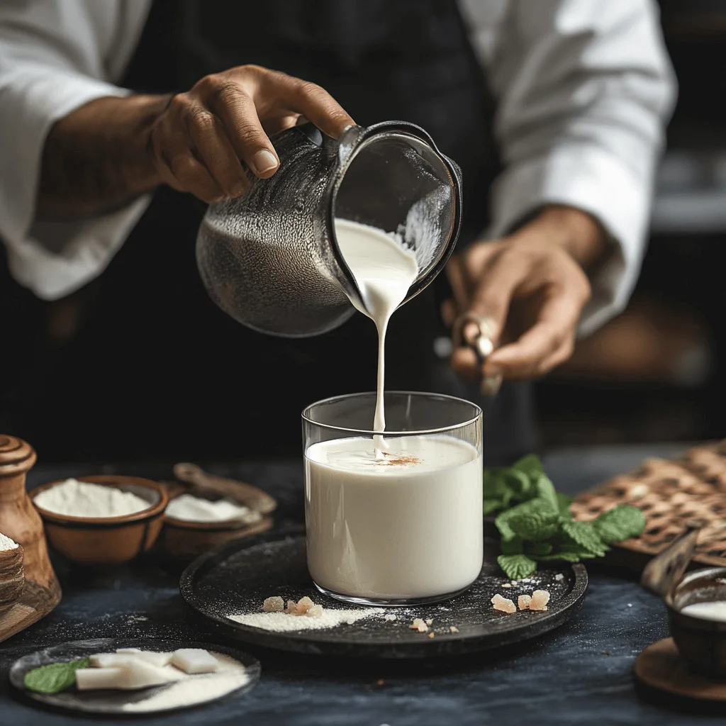 A chef pouring lassi into a glass with precise consistency.