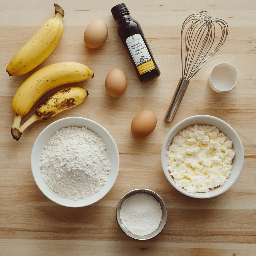 Ingredients for Cottage Cheese Banana Bread arranged on a kitchen counter.