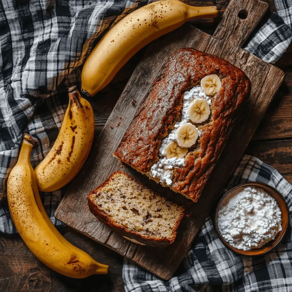 Slices of Cottage Cheese Banana Bread served with butter and honey.