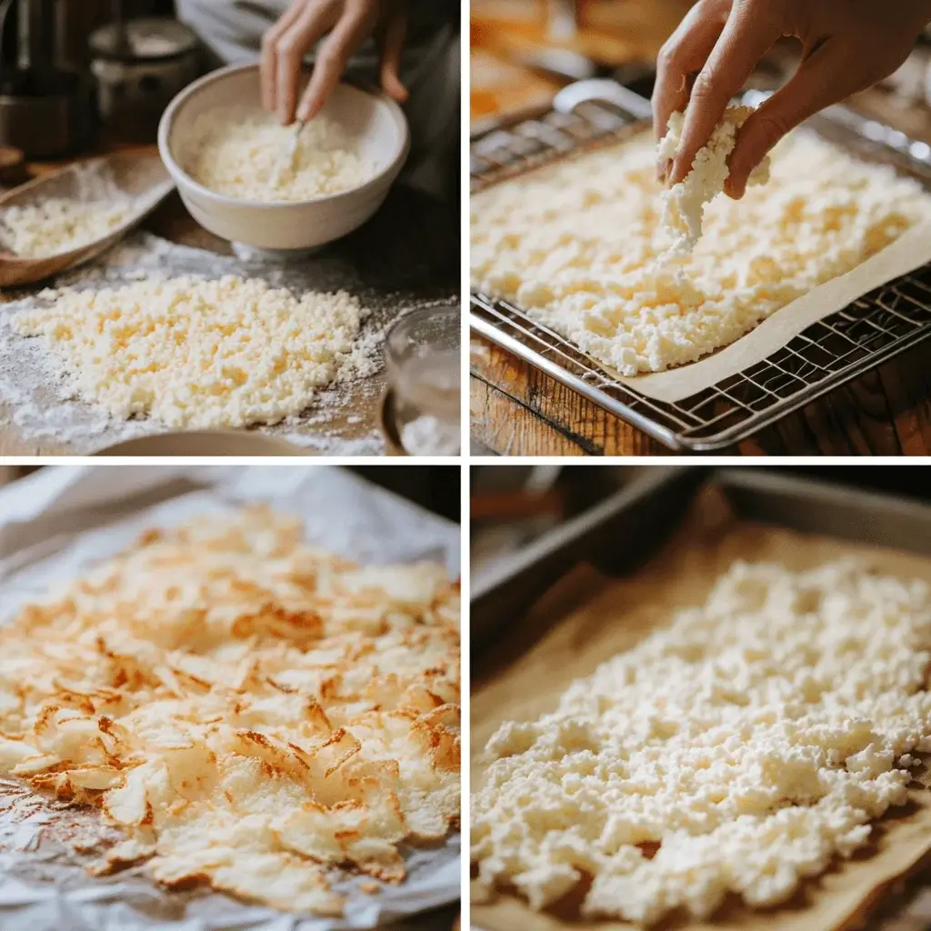 Step-by-step preparation of cottage cheese chips.