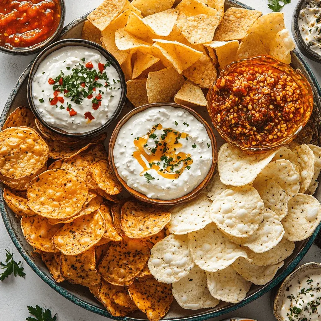 Cottage cheese chips paired with dips and salads.