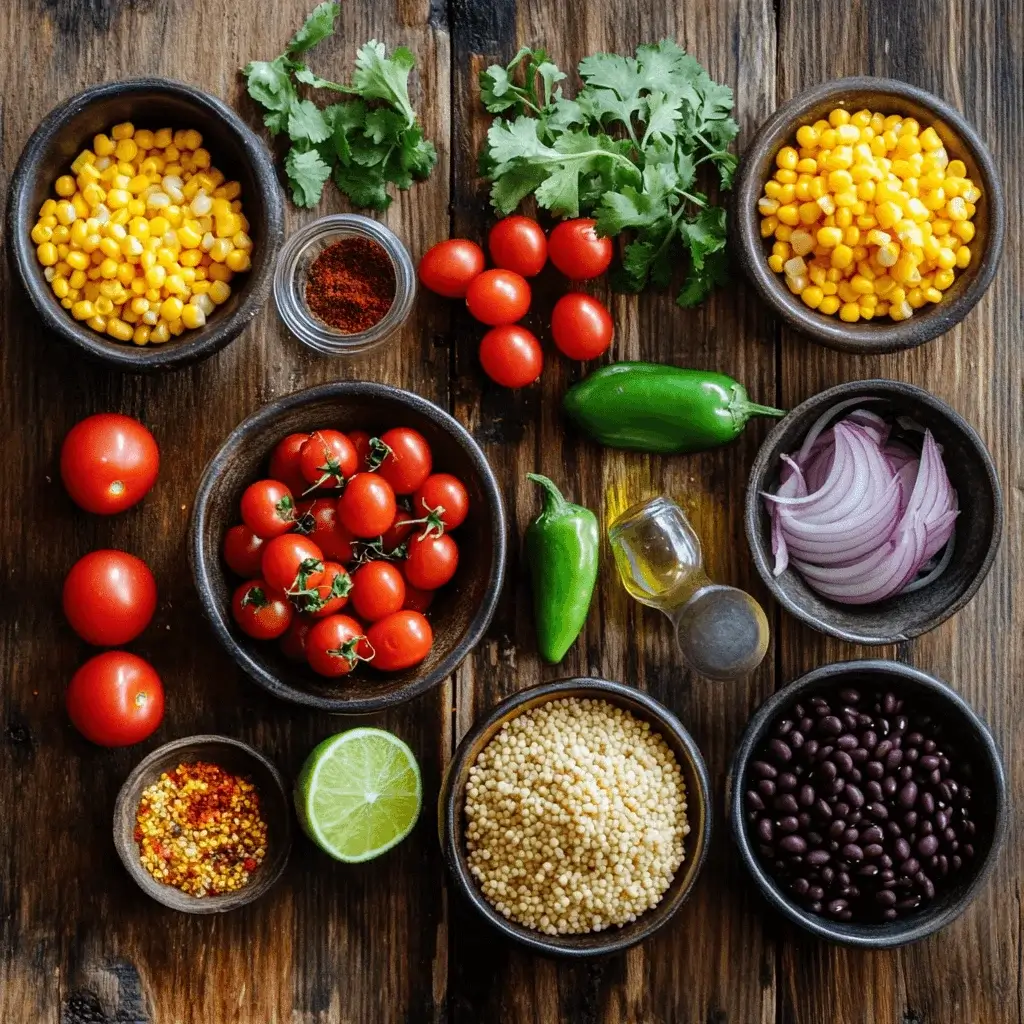 A flat lay of all the ingredients for cowboy caviar couscous salad.