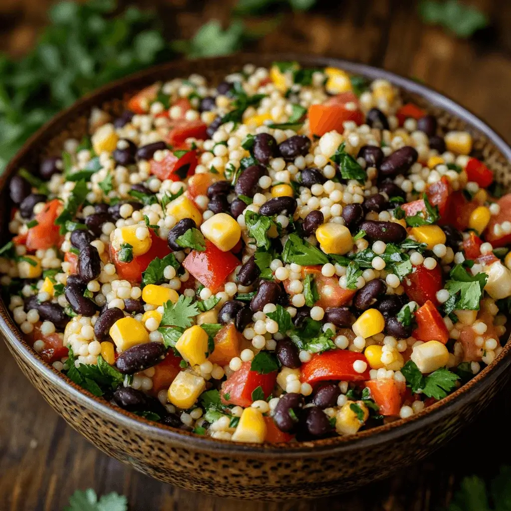 A vibrant bowl of cowboy caviar couscous salad with colorful ingredients.