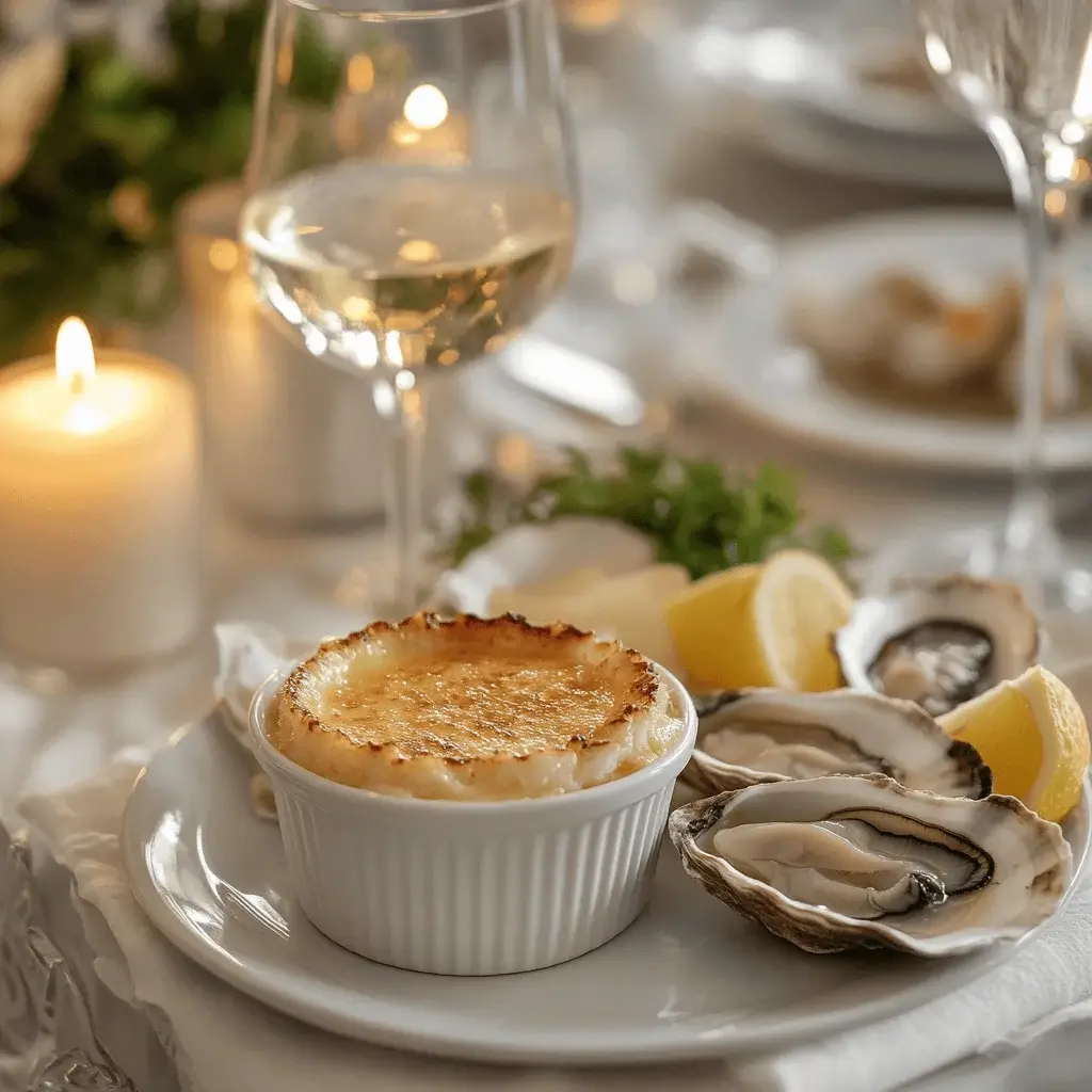 Crab brulee recipe served with wine and seafood sides.