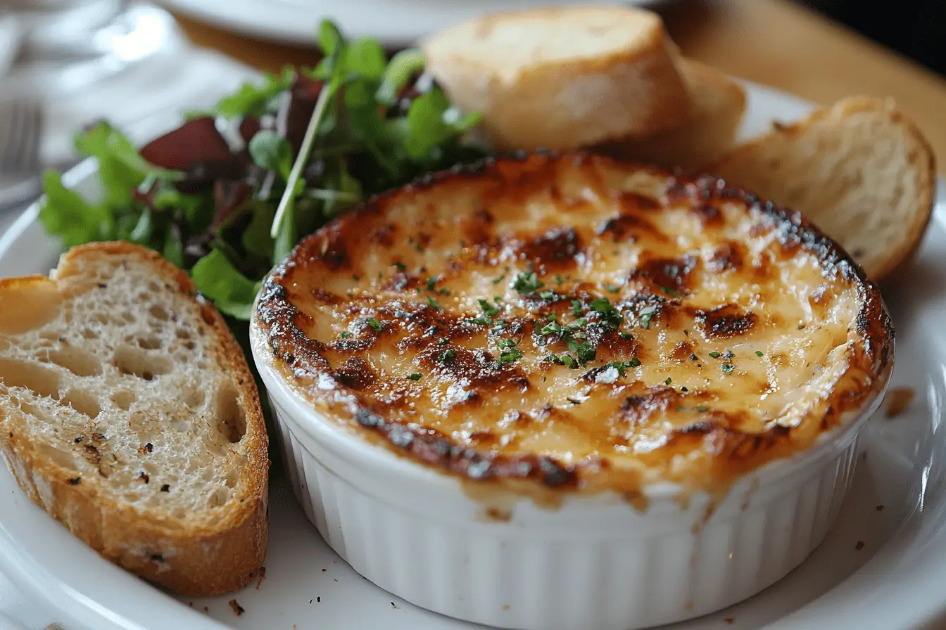 Crab brûlée served with a side of greens and toast