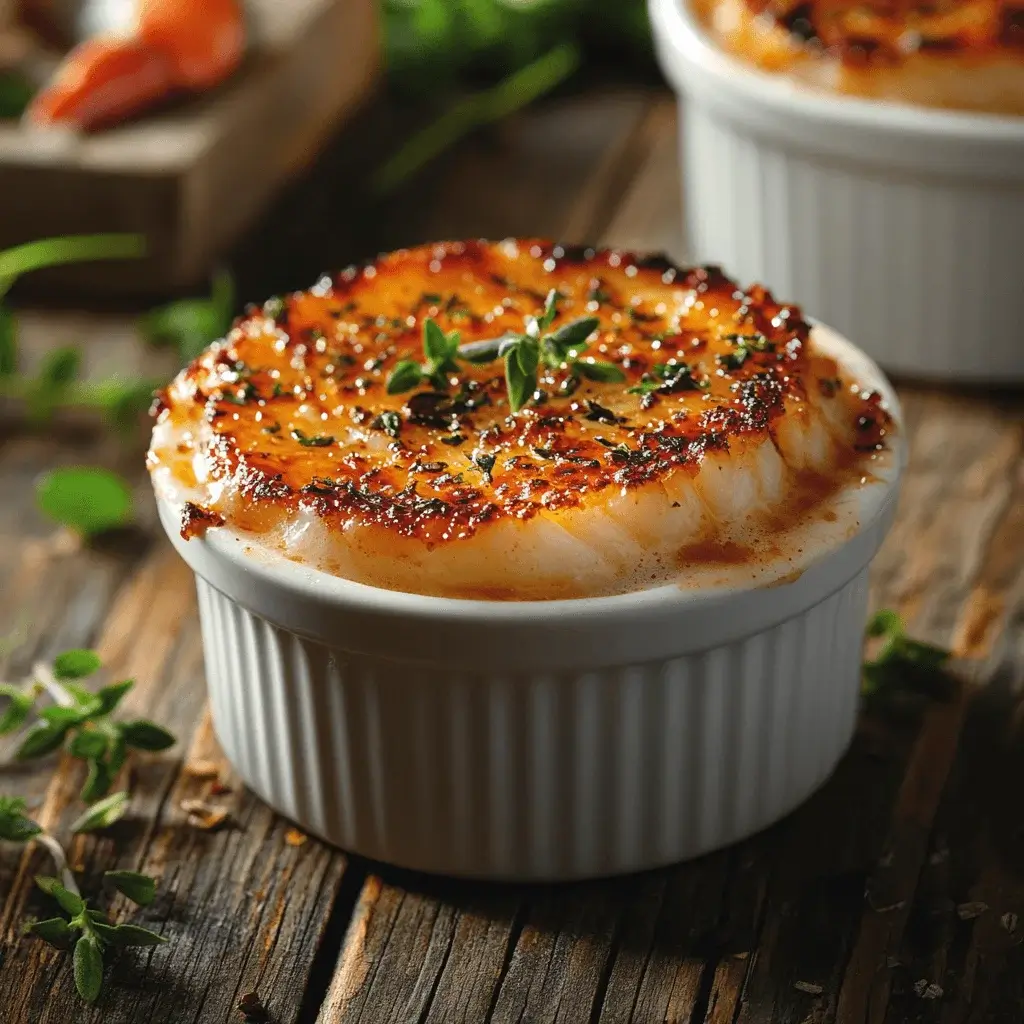 Elegant presentation of crab brûlée in a ramekin with caramelized top.