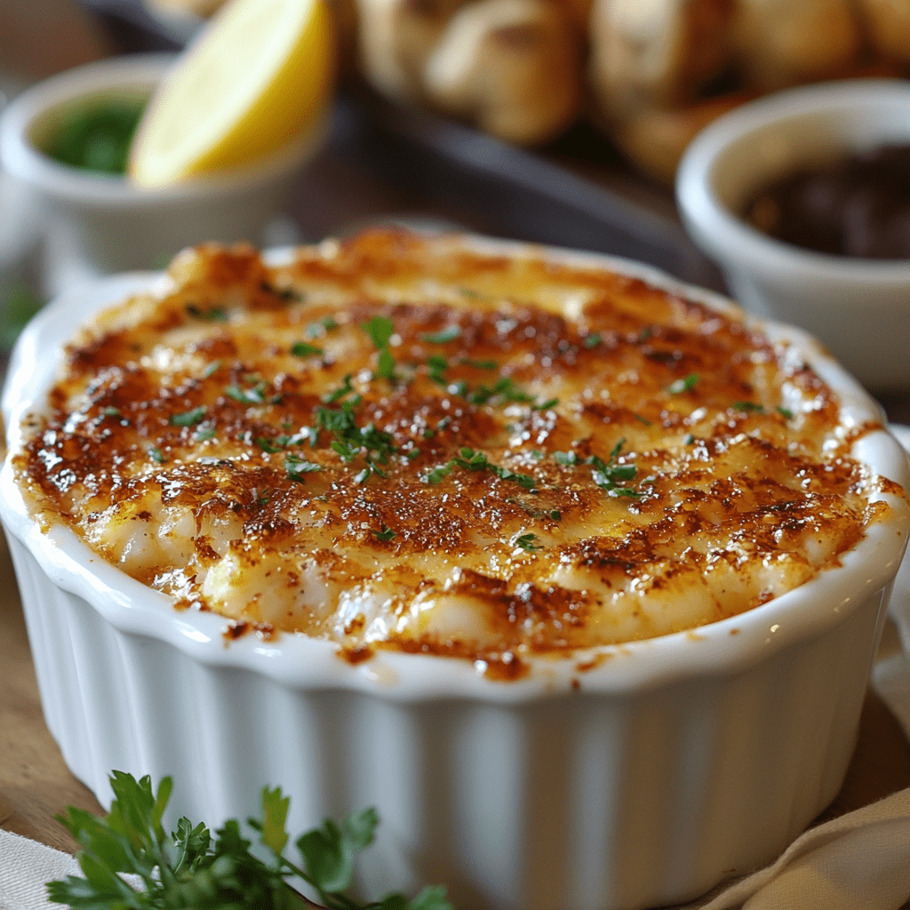 Elegant crab brûlée served in a ramekin with caramelized sugar crust.