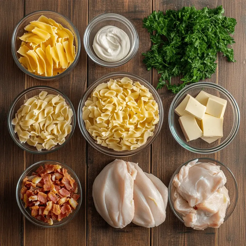 Ingredients for crack chicken noodle soup, including chicken, bacon, noodles, and cheese.