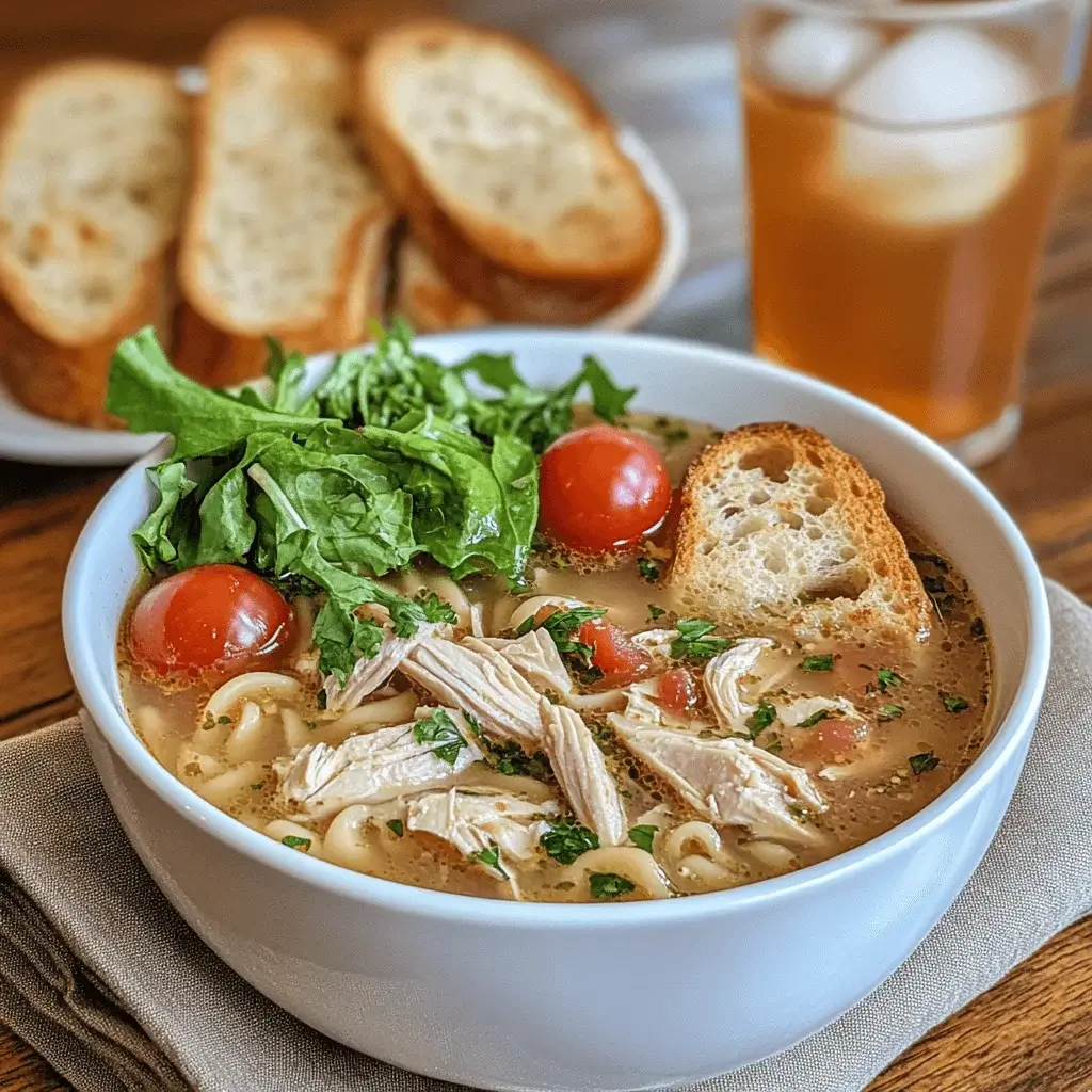 Crack chicken noodle soup served with garlic bread and a side of salad.