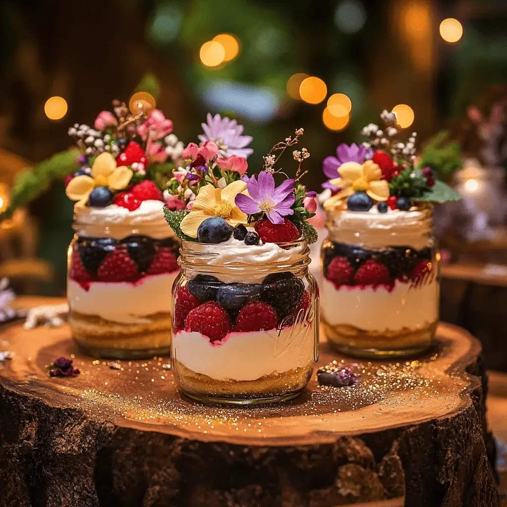 Creative serving of cream berry fairy desserts in small jars.