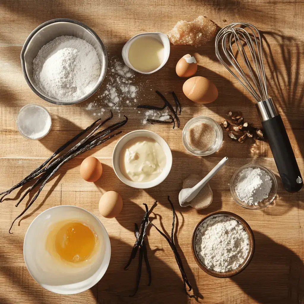 Ingredients for crème brûlée cookies laid out on a wooden countertop.