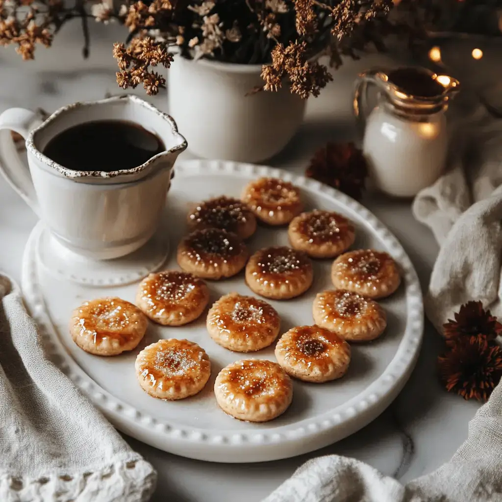 Crème brûlée cookies served with coffee and cream on a marble table.