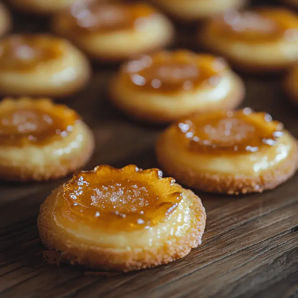 A plate of crème brûlée cookies with caramelized sugar tops, surrounded by fresh vanilla beans and sugar crystals.