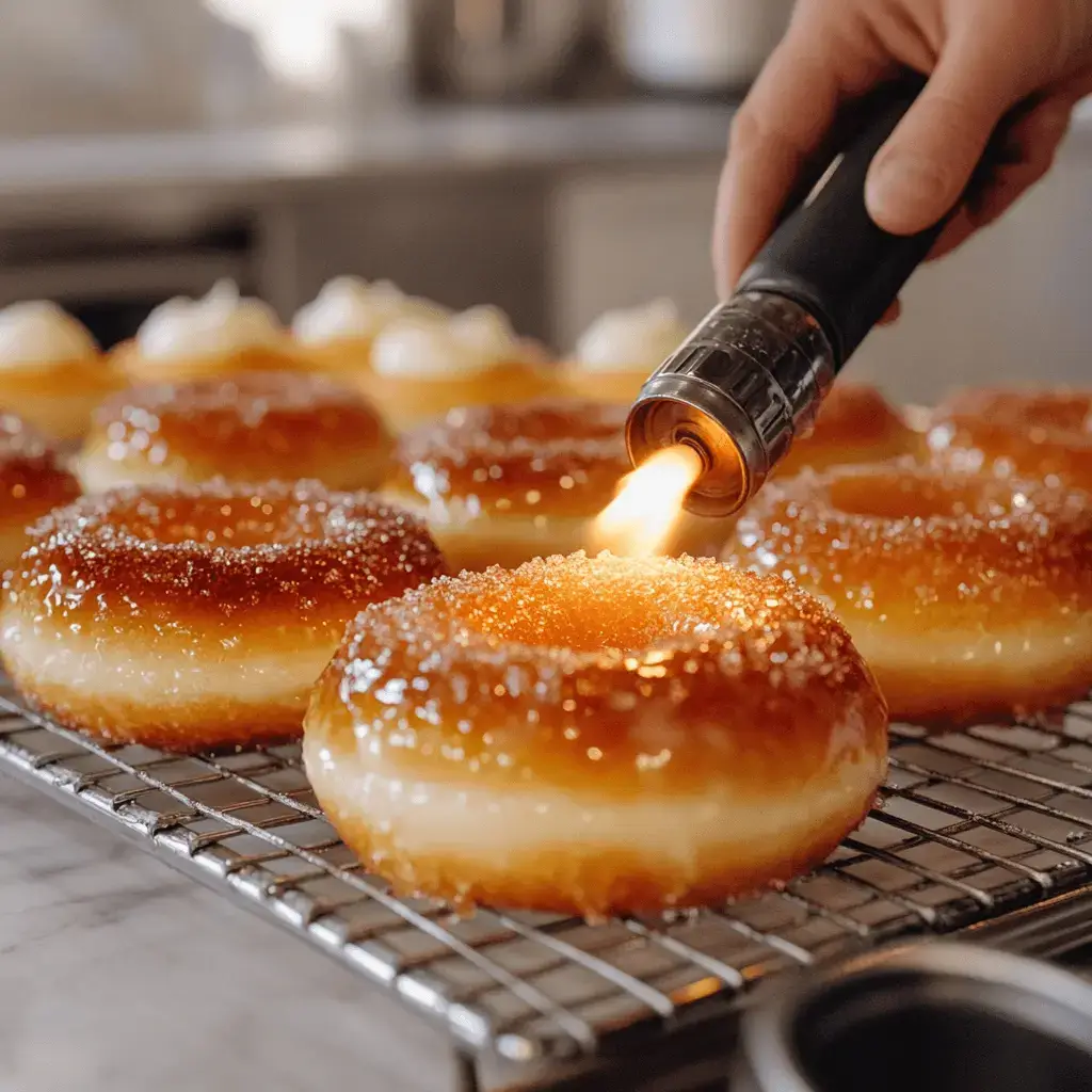 A chef caramelizing sugar on a donut using a blowtorch