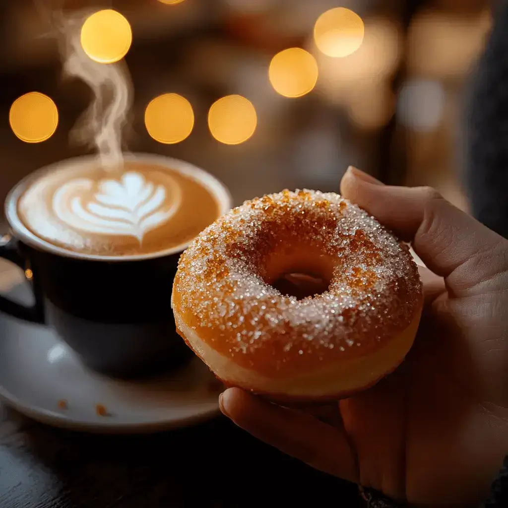 A person enjoying a crème brûlée donut with coffee