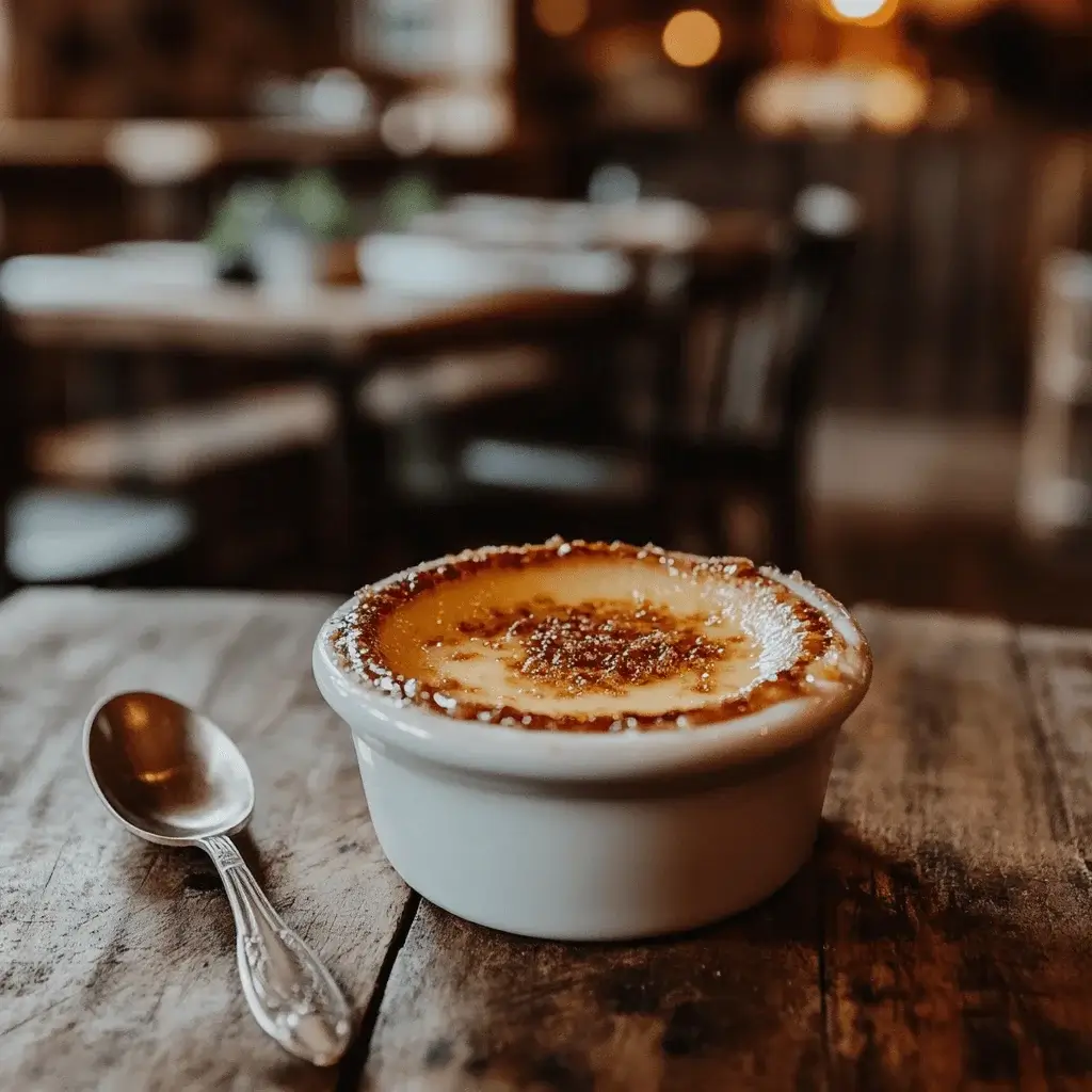 A beautiful crème brûlée dessert served in a ramekin with caramelized sugar topping.