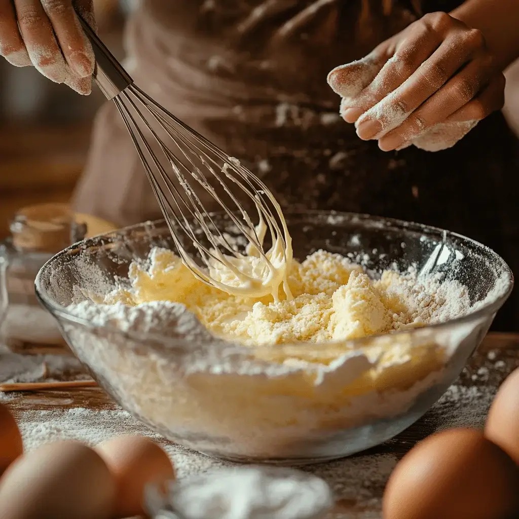 Mixing ingredients for a donut cake batter in a bowl