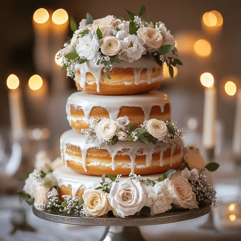 A tiered donut cake decorated with flowers for a wedding