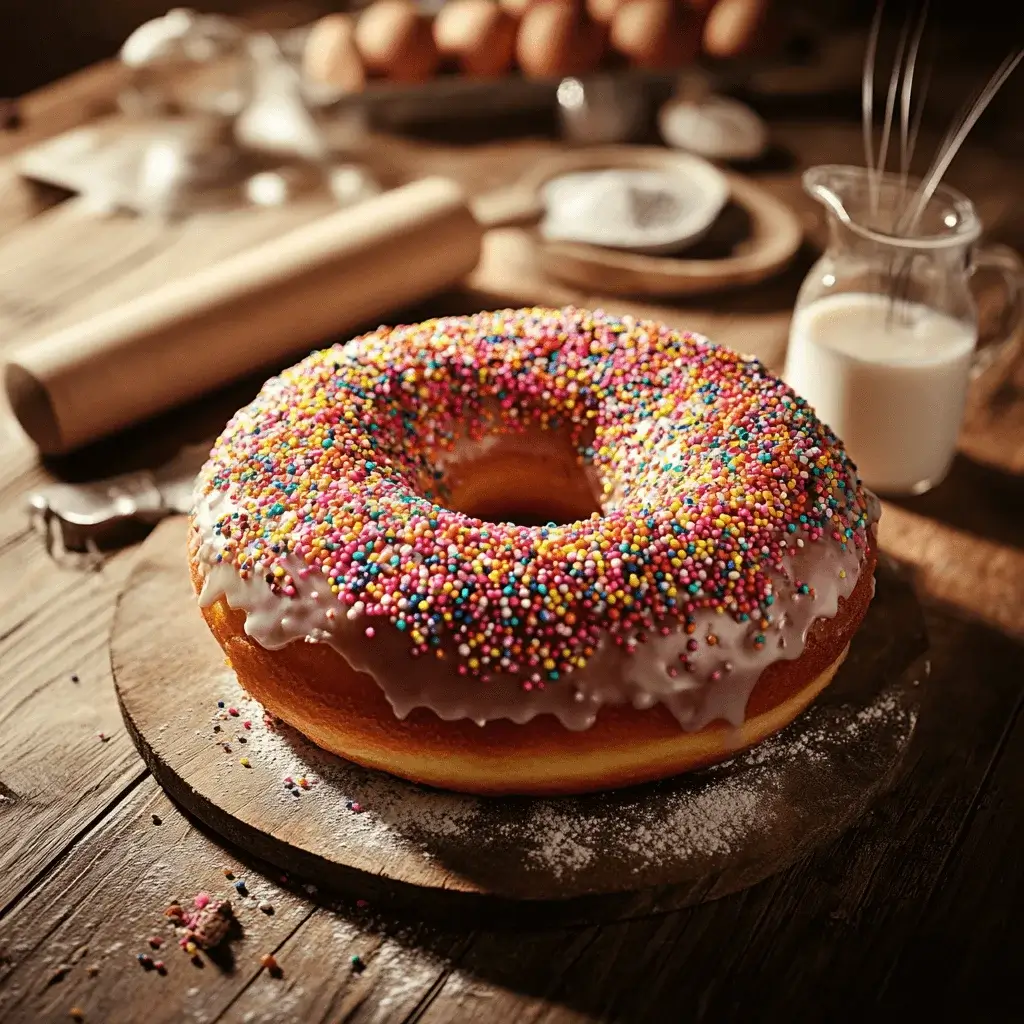 A vibrant donut cake with sprinkles and glaze on a wooden table