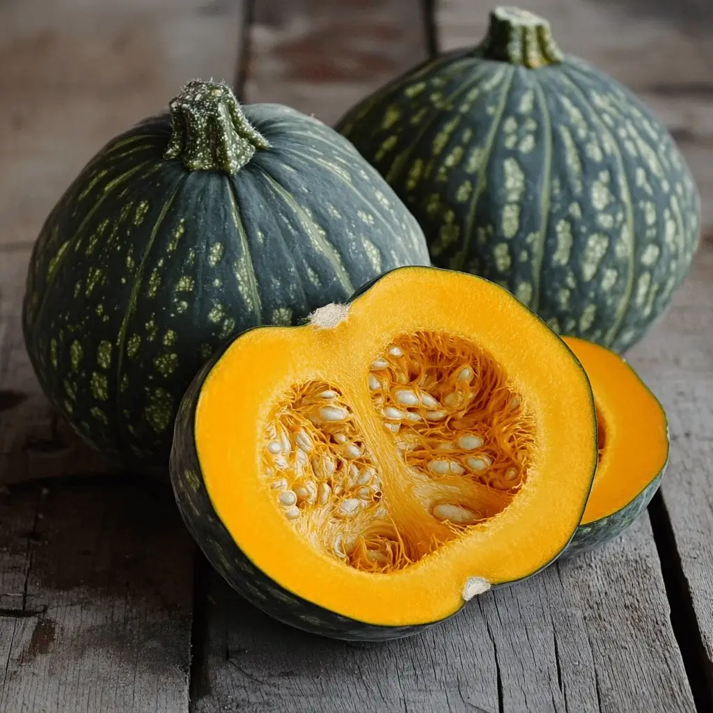 Kabocha squash on a wooden table, showcasing its green rind and bright orange flesh.