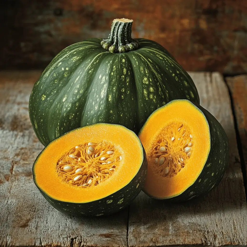 Traditional Japanese market stall displaying kabocha squash among other vegetables