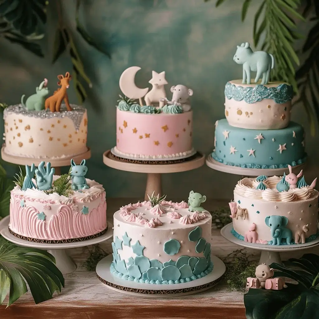 Creative gender reveal cake designs featuring multiple themes like celestial and jungle.