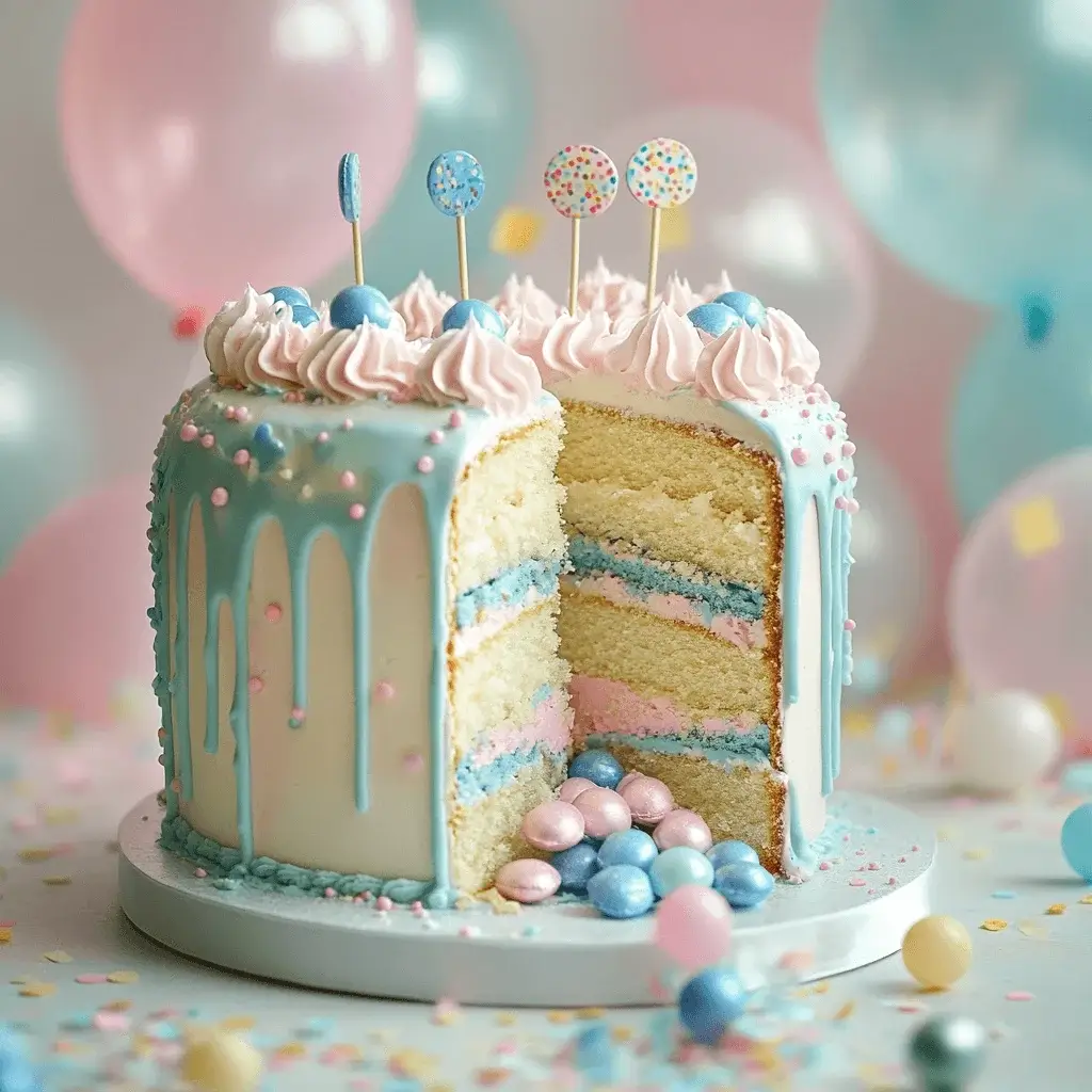 A modern gender reveal cake with abstract watercolor designs.