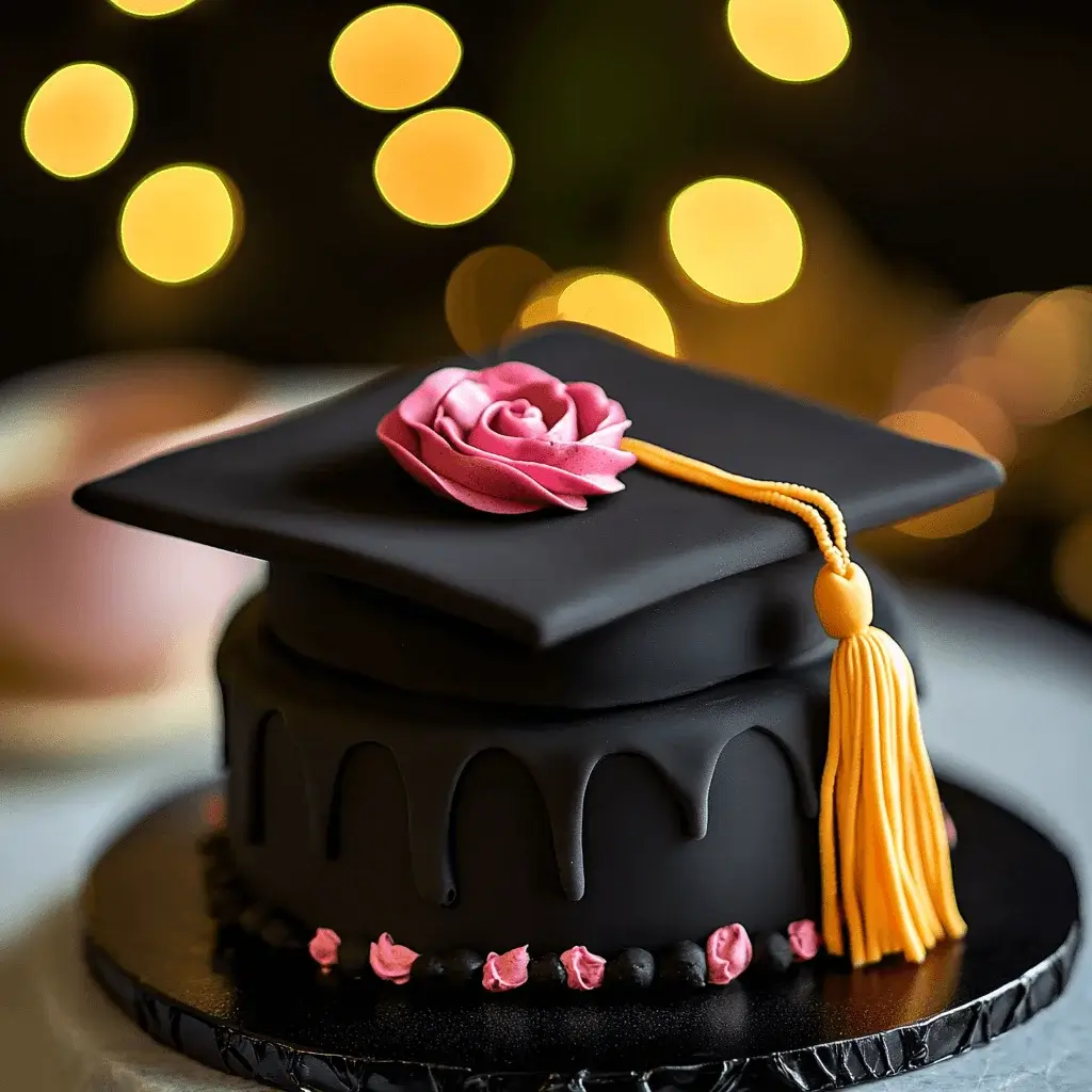 A single-tiered cake shaped like a graduation cap.