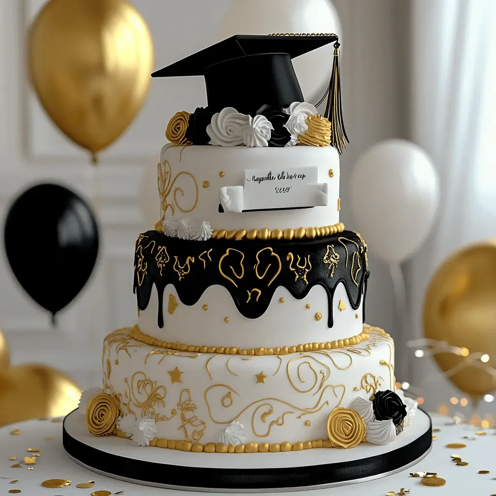 A beautifully decorated graduation cake with a graduation cap and diploma topper.