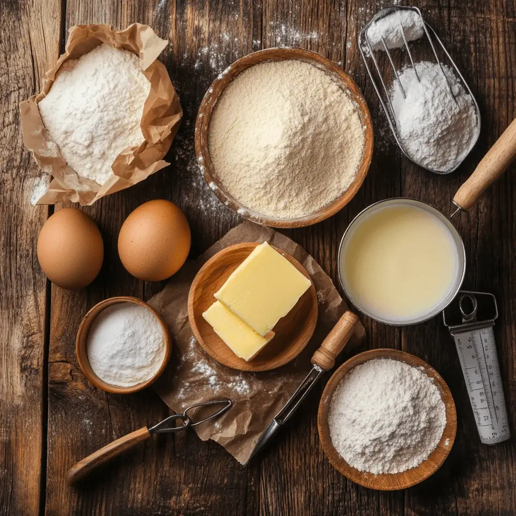 Heart cake ingredients neatly arranged on a countertop.