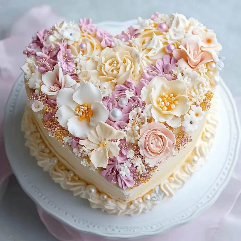 A heart cake decorated with edible flowers and glitter.