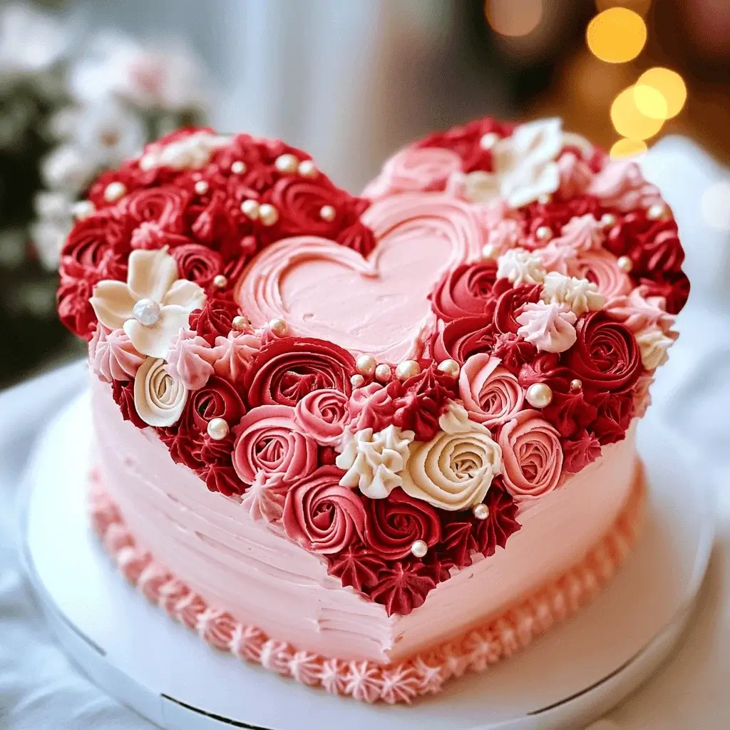 A beautifully decorated heart-shaped cake on a wooden table.