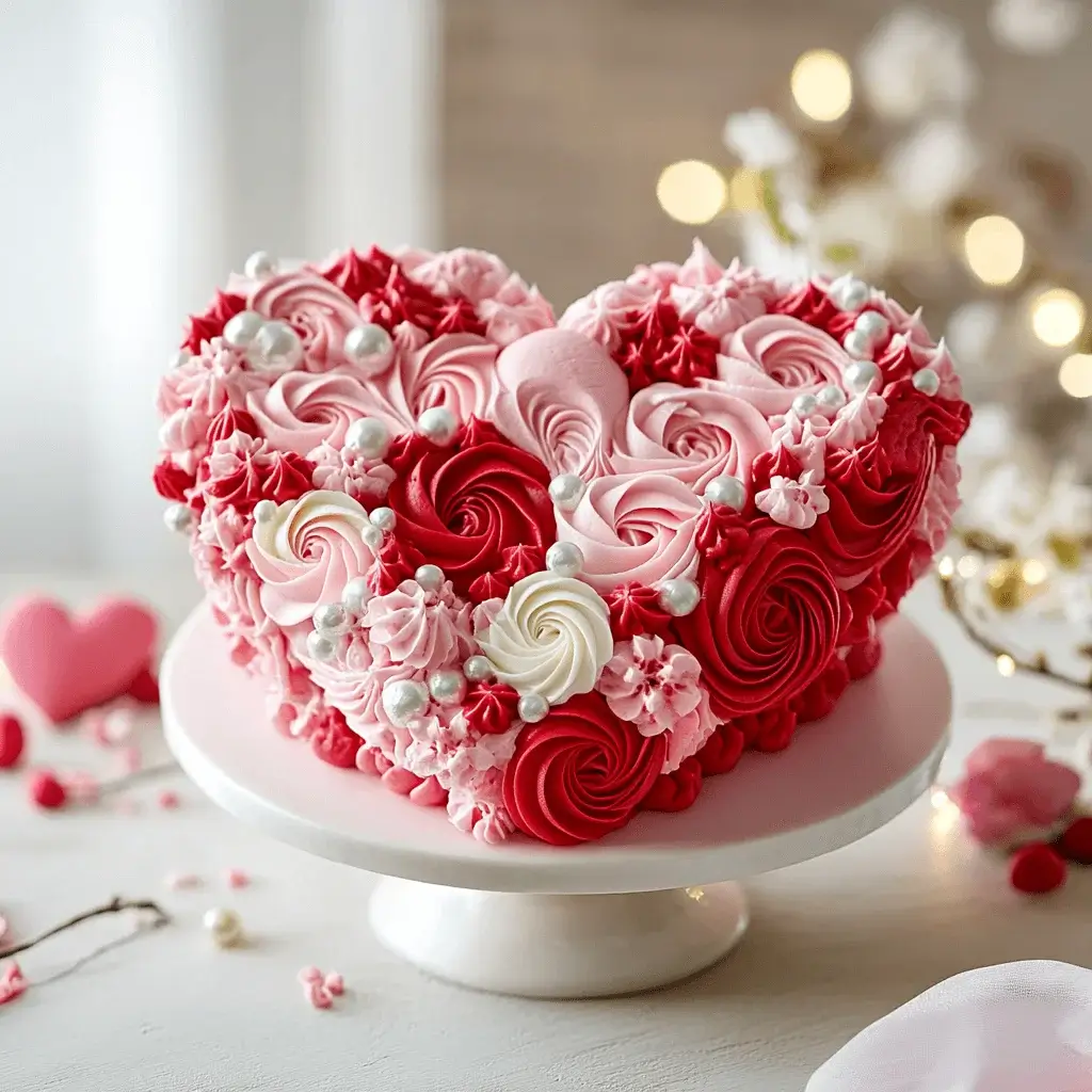 A beautiful heart-shaped cake decorated with red and pink frosting.