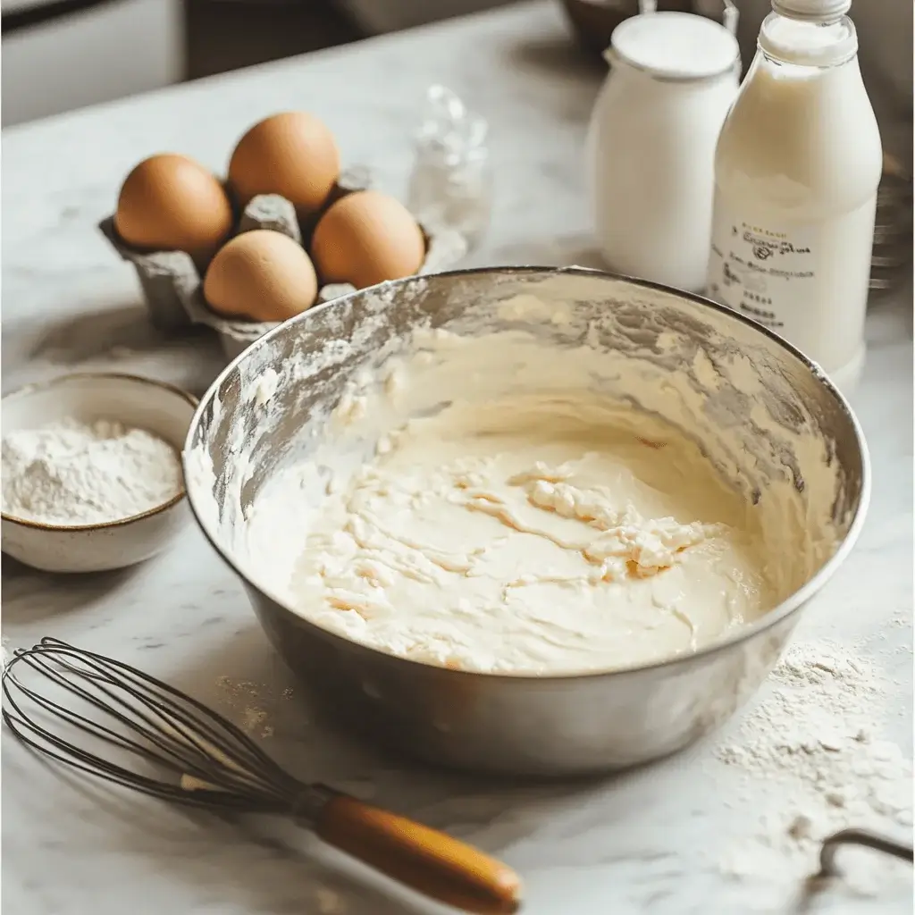 A step-by-step visual of mixing batter for a kefir sheet cake in a mixing bowl.