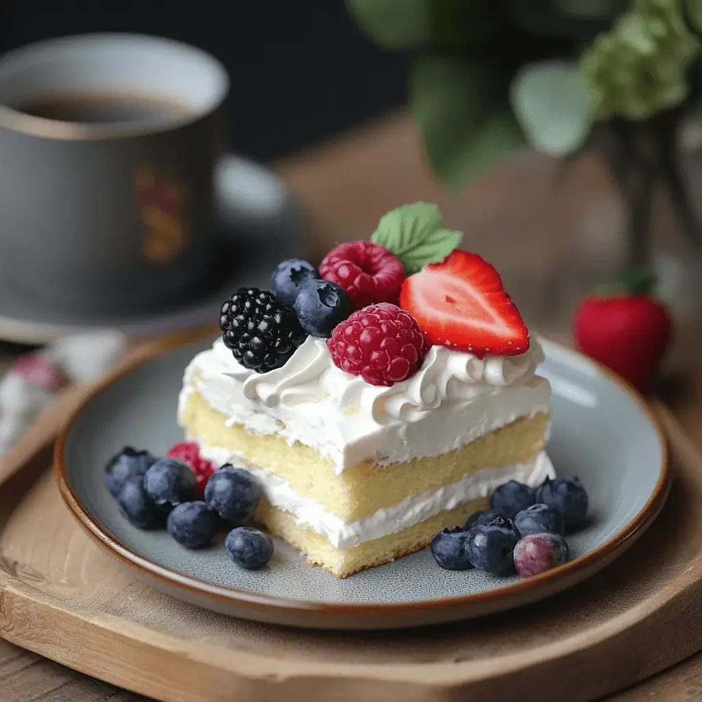 A slice of kefir sheet cake with whipped cream and fresh berries.