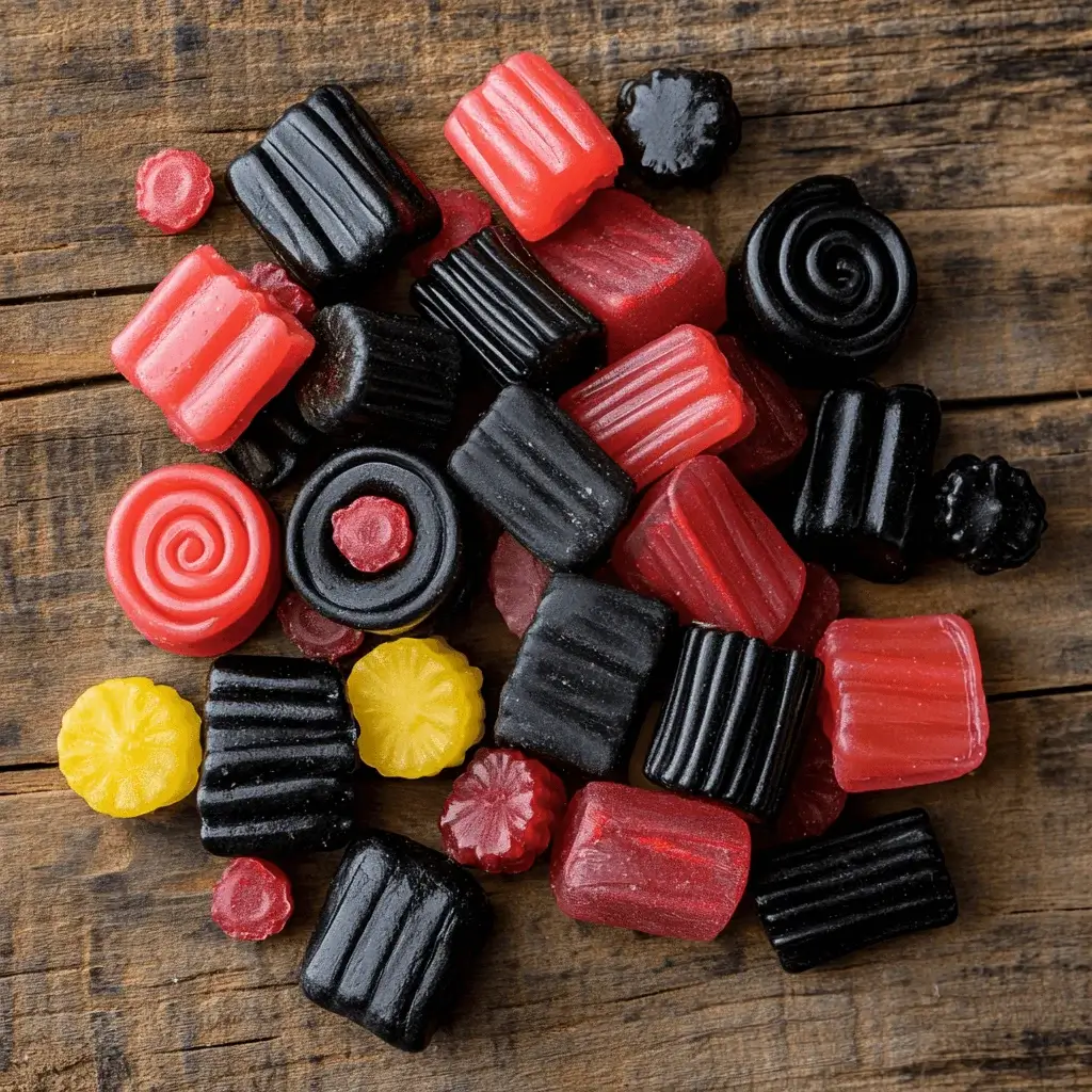 Close-up of licorice root and candy