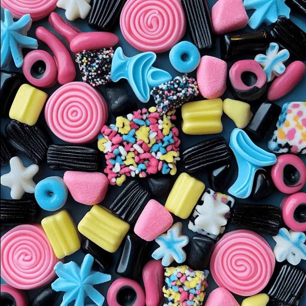 Assorted licorice candies in vibrant colors and shapes