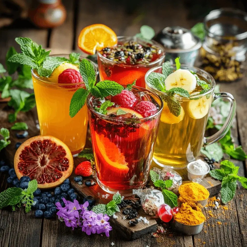 A variety of loaded teas in colorful glasses.