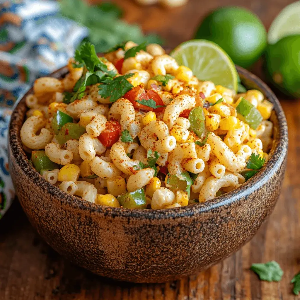 Bowl of Mexican macaroni salad with colorful ingredients