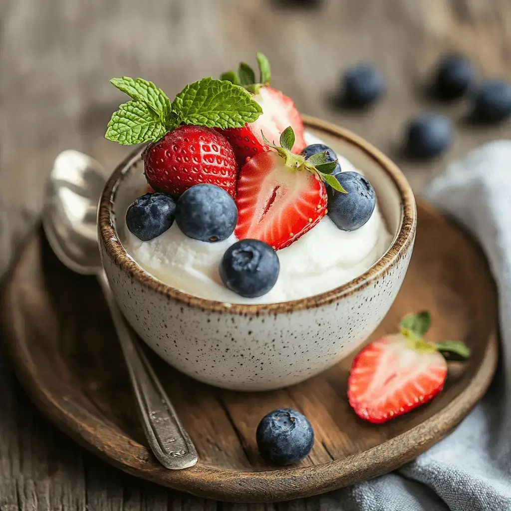 A bowl of yogurt-based frozen dessert with fresh berries.