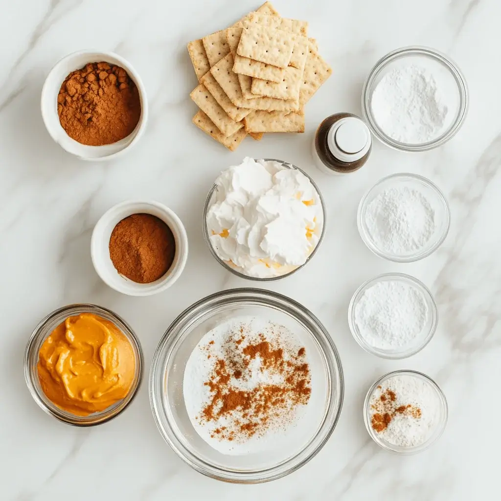 Ingredients for no bake pumpkin cheesecake balls on a countertop.