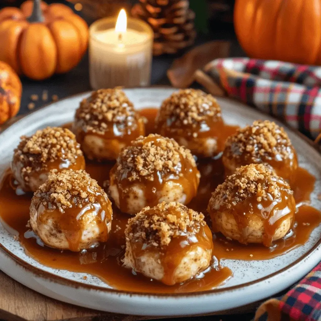 Pumpkin cheesecake balls served on a platter with a festive fall background.