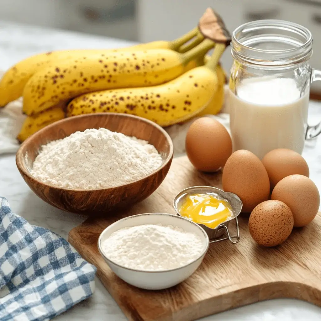  Ingredients for banana bread laid out on a kitchen countertop.