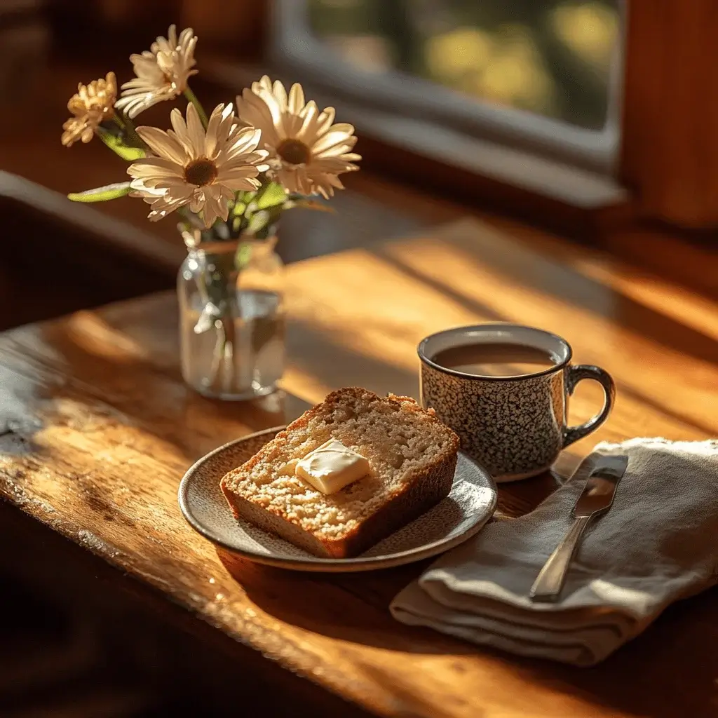 Banana bread served with a cup of coffee and butter.